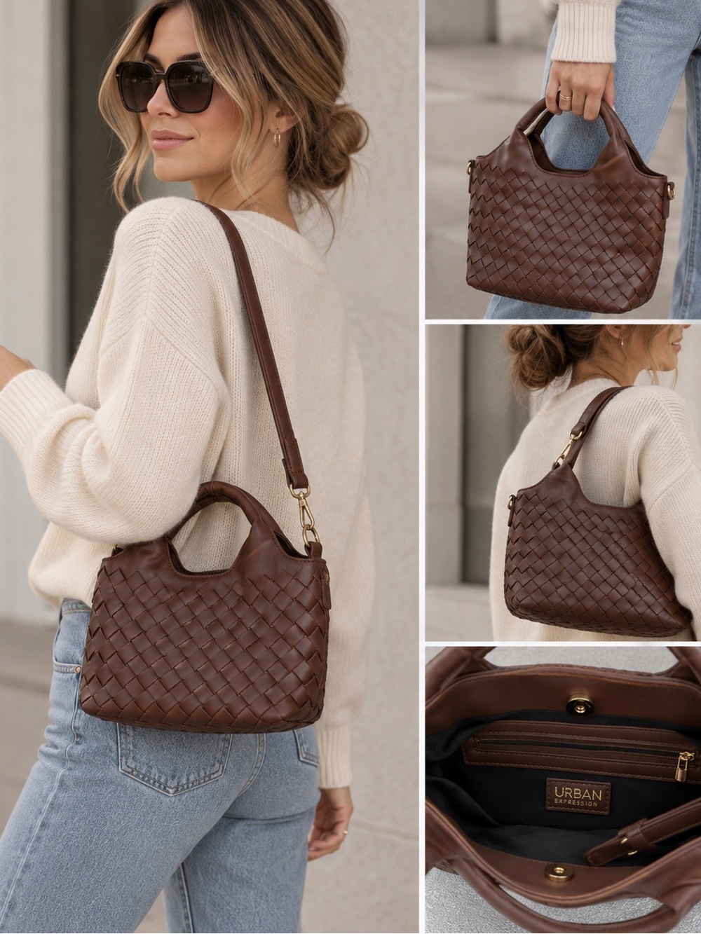 Urban Expressions Chocolate Brown Woven Shoulder Tote vegan leather